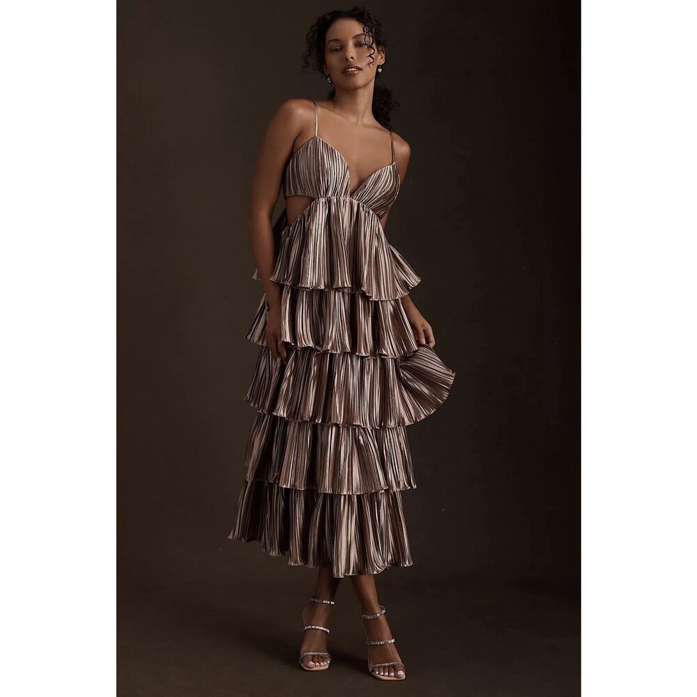 BHLDN by Carly Cushnie Brenna Tiered Pleated V-Neck Cutout Midi Dress